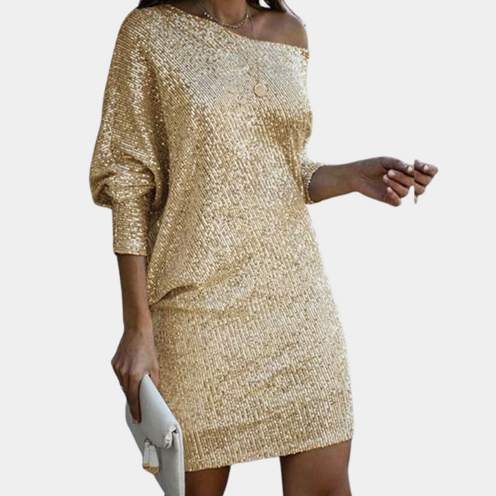 Elegancka damska sukienka z odkrytymi ramionami, idealna na wieczorne wyjścia i imprezy. Szykowna moda damska.
