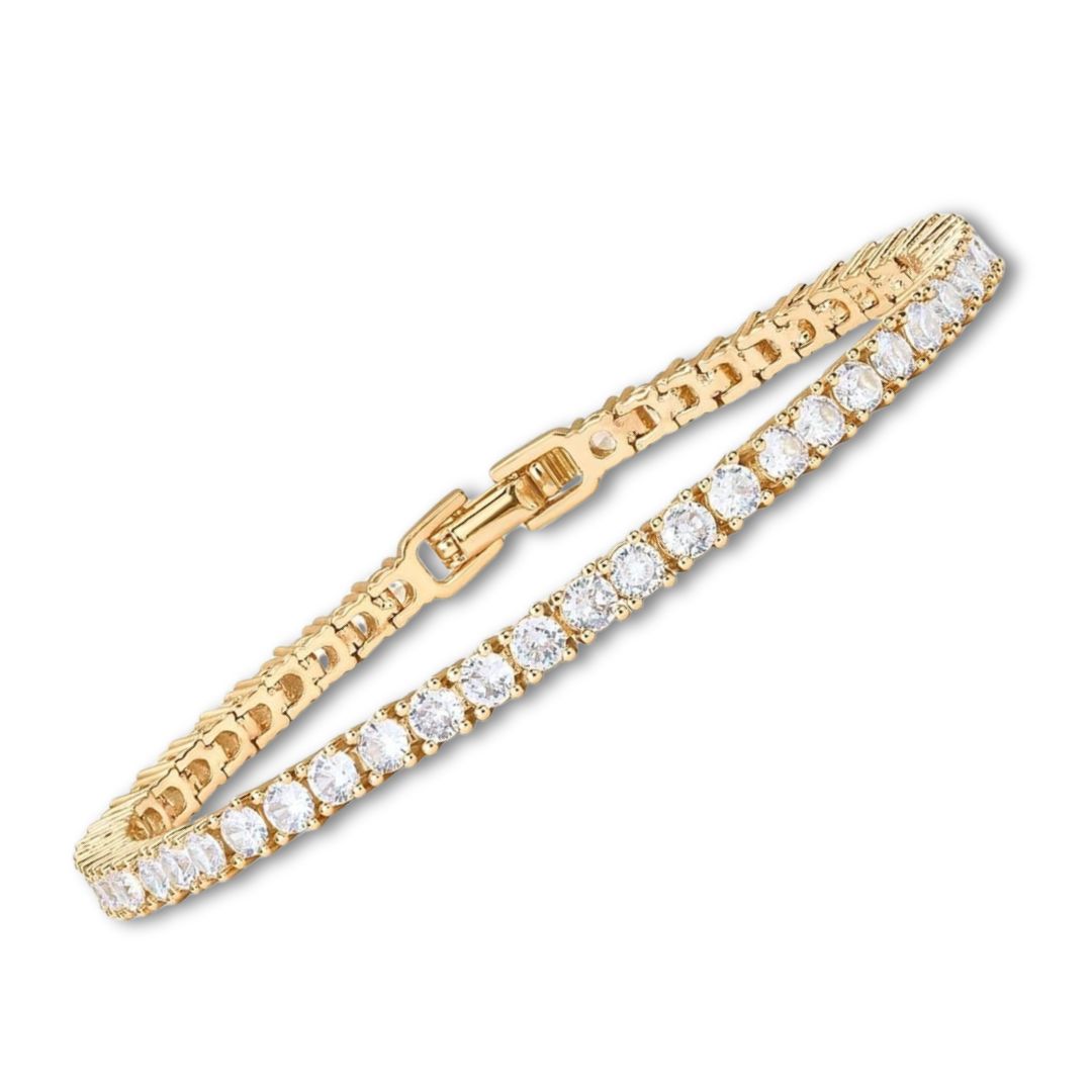 Elegancka damska złota bransoletka tenisowa z błyszczącymi kamieniami moissanite. Idealna biżuteria dla kobiet.