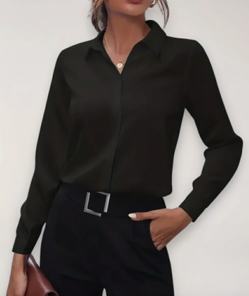 Elegancka dopasowana bluzka damska na guziki, idealna do pracy. Klasyczna koszula biurowa z długim rękawem.