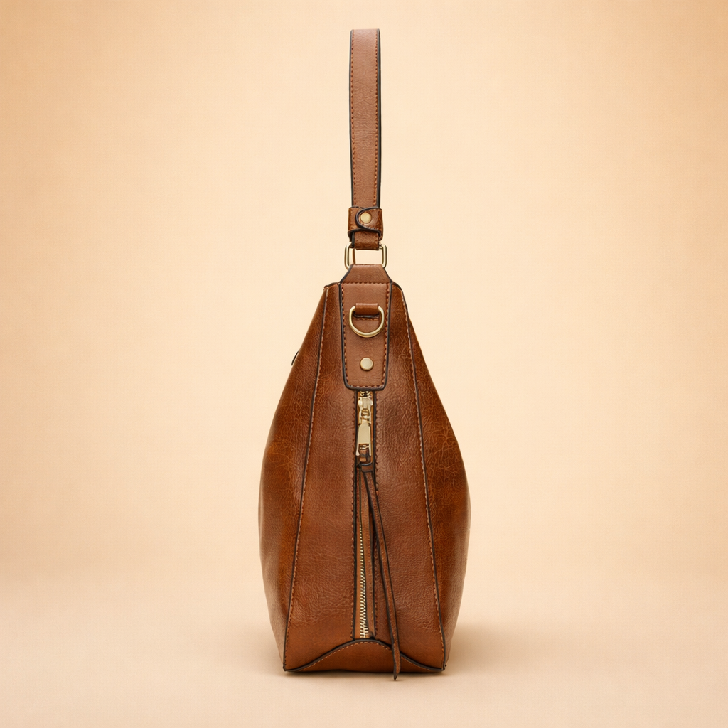 Przód eleganckiej dużej torby damskiej na ramię. Minimalistyczny design i praktyczność torebki hobo dla kobiet.