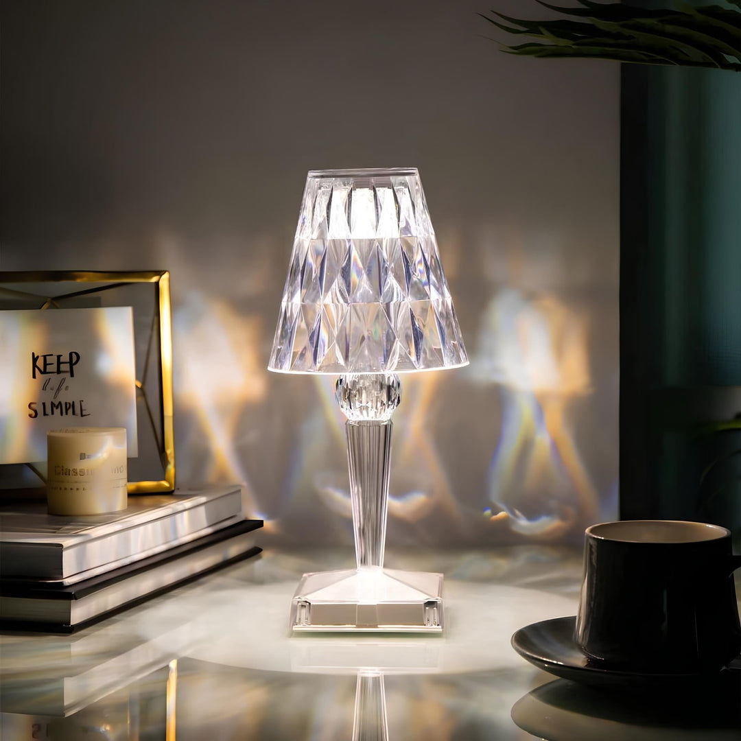 Stylowa lampa akrylowa z kryształowymi detalami, LED, dotykowa, do salonu lub jadalni.