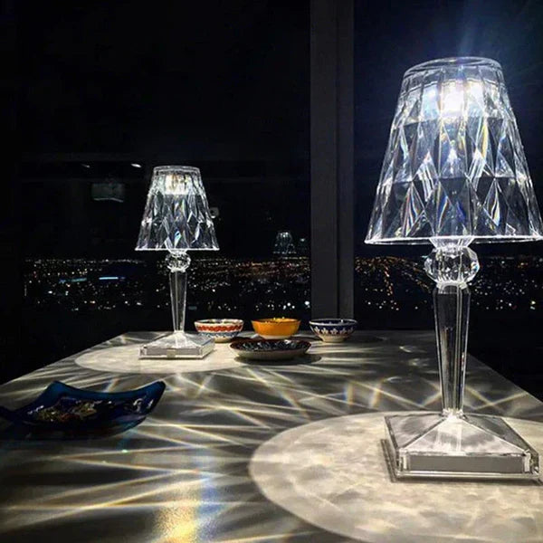 Elegancka lampa stołowa LED, dotykowa, z akrylu imitującego kryształ, wyrafinowana dekoracja.