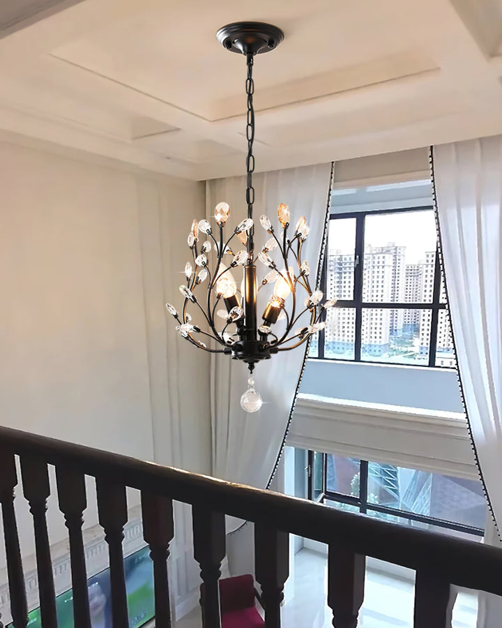 Lampa wisząca kryształowa czarna, oświetlenie glamour do jadalni, elegancki design, tworząca blask.