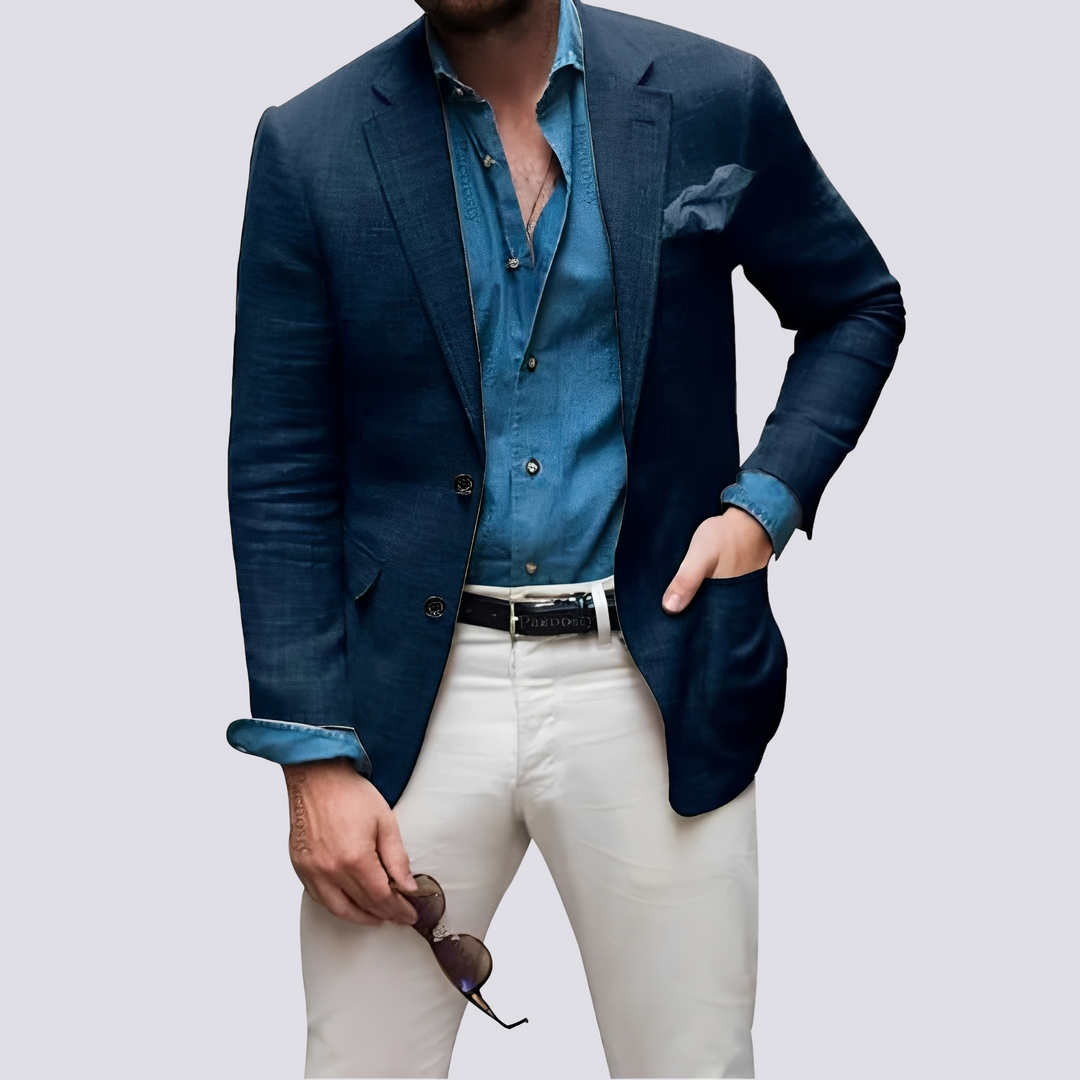 Męska marynarka elegancka z ozdobnymi guzikami. Doskonała do modnych stylizacji casual smart.