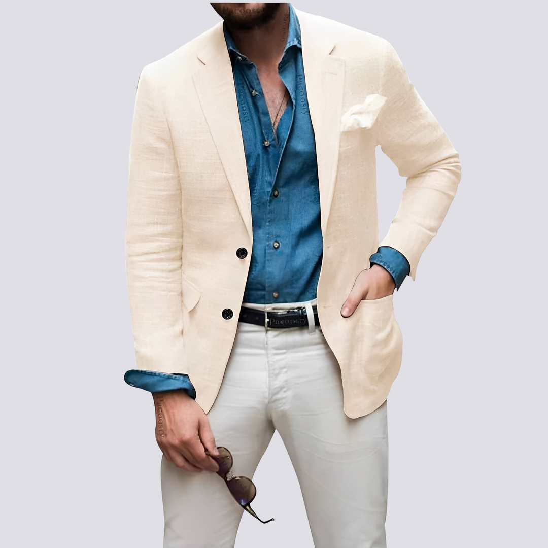 Dopasowana marynarka męska z guzikami, podkreślająca styl biznesowy. Elegancki blazer.