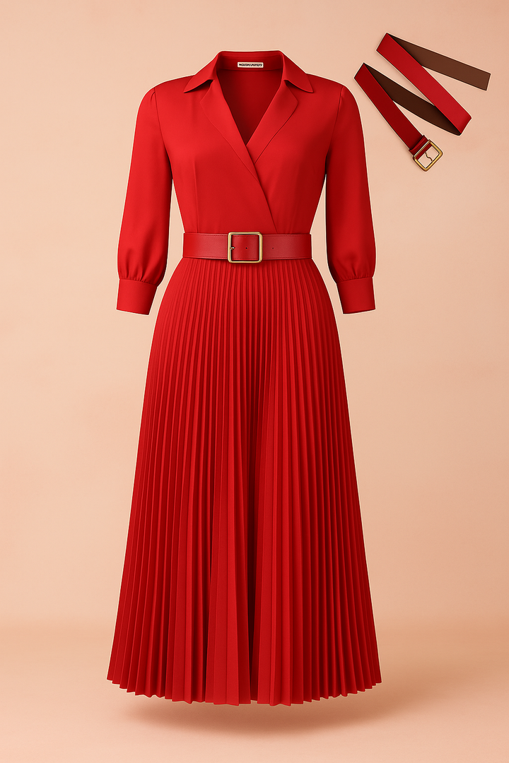 Stylowa damska sukienka plus size. Elegancka, plisowana, fason midi. Idealna na wiosenne wyjścia i do biura.