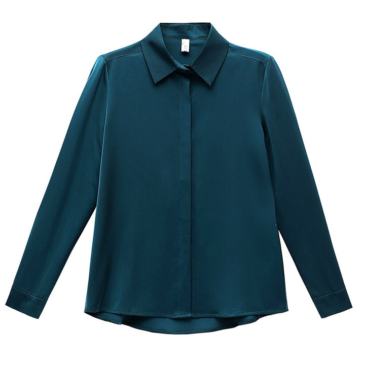 Elegancka satynowa koszula damska z dekoltem V-neck, idealna do pracy i na wieczór.