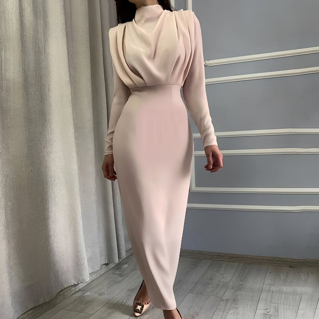 Elegancka sukienka damska midi z długim rękawem, idealna na jesień/zimę. Modna odzież do biura.