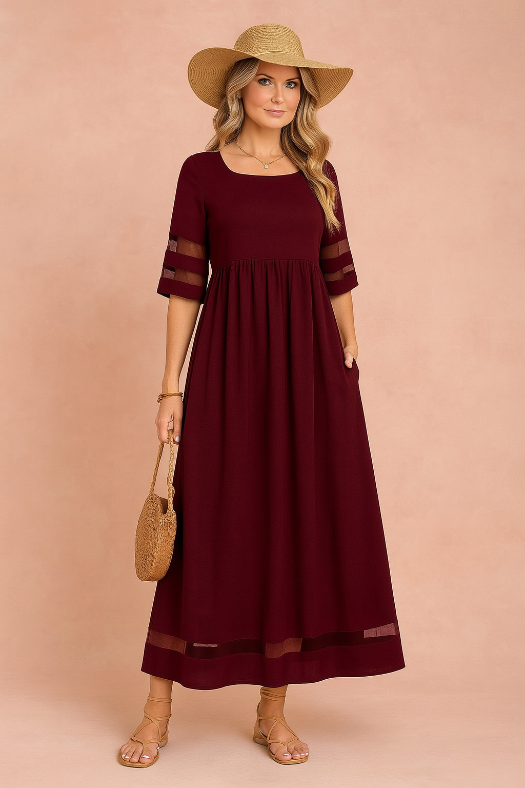 Elegancka sukienka maxi CAMOGLI w kolorze czarnym z okrągłym dekoltem i praktycznymi kieszeniami.