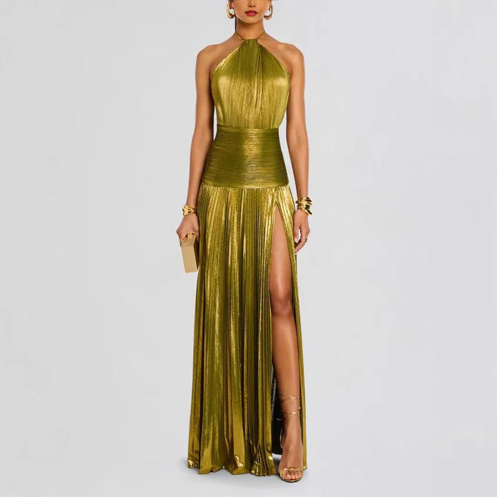 Elegancka sukienka maxi damska halter z wiązaniem na szyi i wysokim rozcięciem, idealna na wieczorne wyjścia.