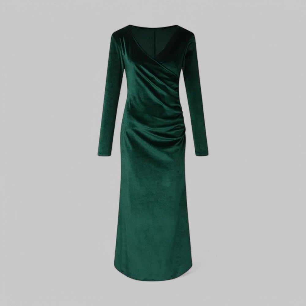 Elegancka sukienka studniówkowa damska. Fason maxi, dekolt V, długi rękaw. Wieczorowa i stylowa.