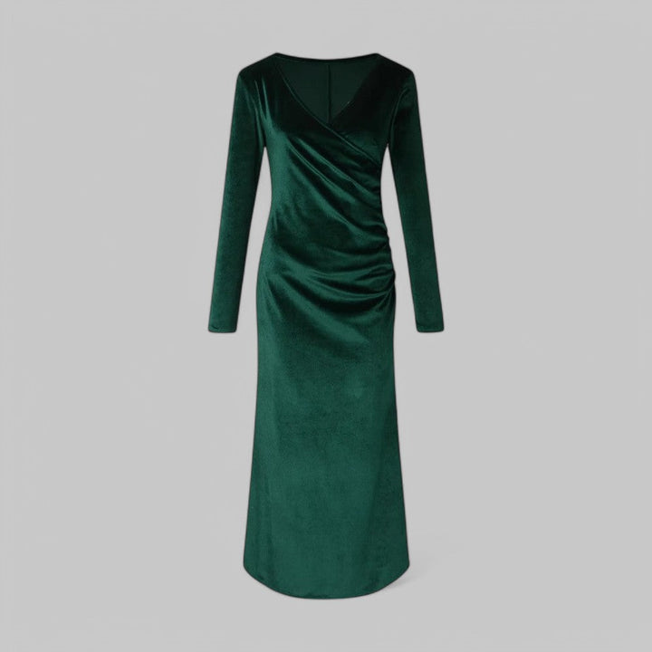 Elegancka sukienka studniówkowa damska. Fason maxi, dekolt V, długi rękaw. Wieczorowa i stylowa.