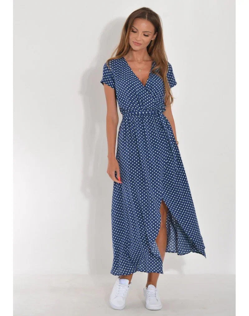 Sukienka midi damska z dekoltem V, wygodny materiał. Stylowy wybór na lato i wiosnę. Elegancka.