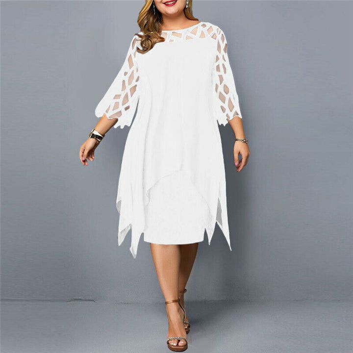 Elegancka sukienka midi plus size, pięknie podkreślająca sylwetkę, komfortowa dla puszystych.