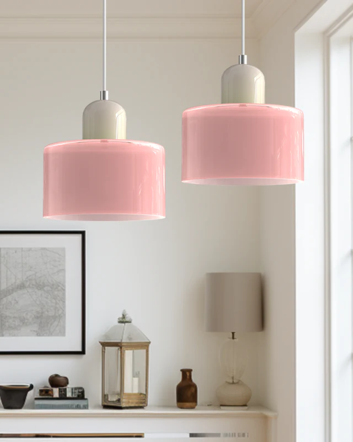 Minimalistyczna lampa wisząca szklana, oświetlenie do sypialni, design japandi.