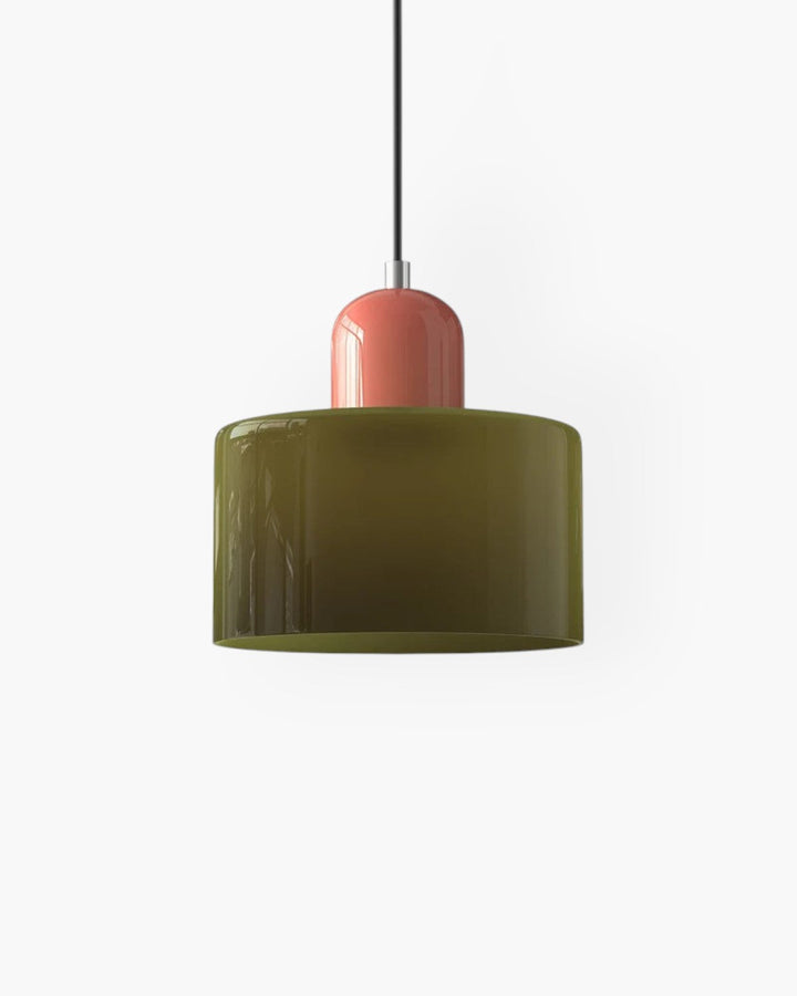 Lampa wisząca szklana nad stół, japandi, minimalistyczne oświetlenie.