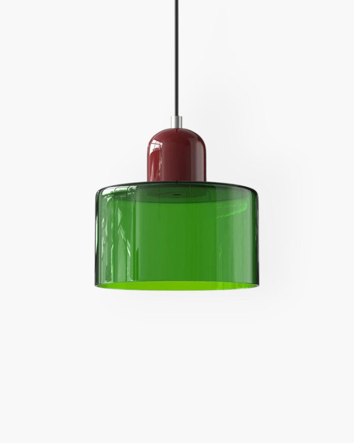 Szklana lampa wisząca z regulacją, styl japandi, minimalistyczne oświetlenie.
