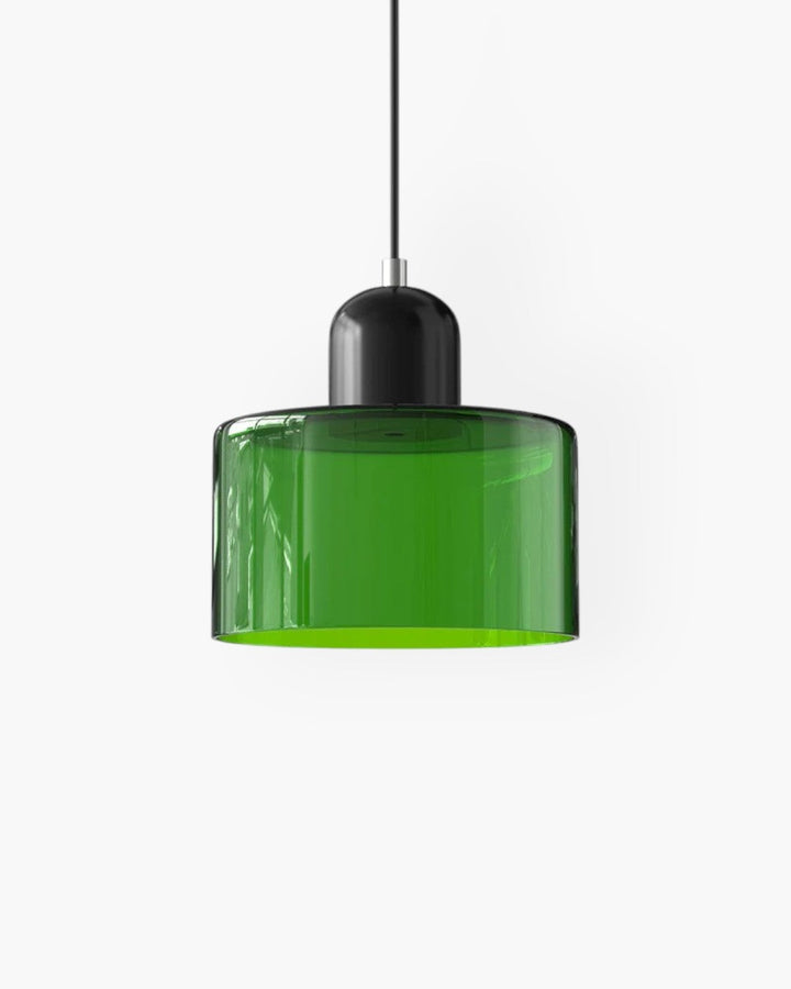 Piękna lampa wisząca szklana, styl japandi, tworzy przytulną atmosferę.