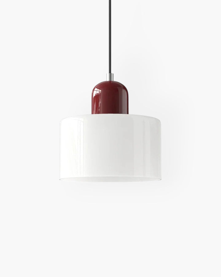 Szklana lampa wisząca w neutralnych barwach, japandi, ciepłe oświetlenie.