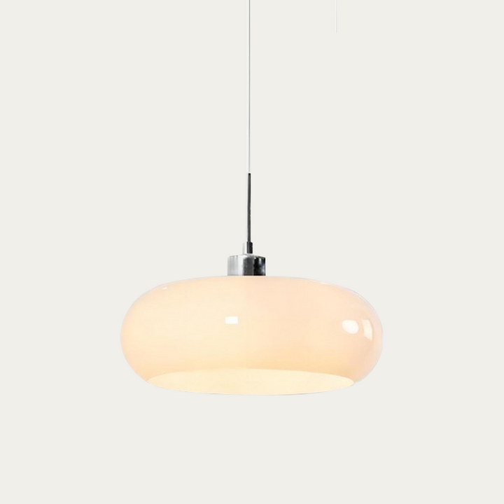 Nowoczesna lampa wisząca, metalowa z szklanym kloszem, oświetlenie sufitowe Bauhaus.