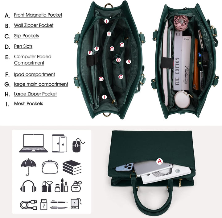 Damska torba na laptopa, wodoodporna, z eleganckimi metalowymi detalami, w brązowym kolorze.