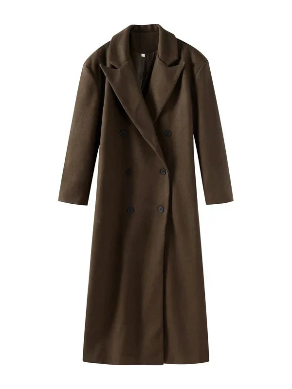 Brązowy damski długi płaszcz dwurzędowy. Elegancki, modny zimowy płaszcz, idealny do klasycznych stylizacji.