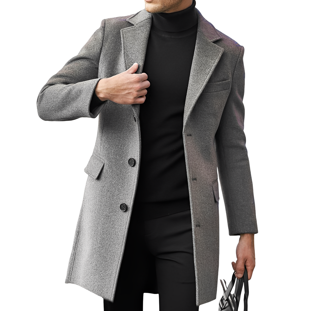 Elegancki, ciepły płaszcz męski zimowy w modnym odcieniu, idealny na chłodne dni. Stylowa odzież wierzchnia.