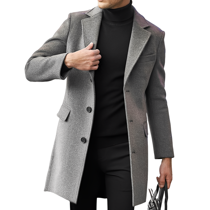 Elegancki, ciepły płaszcz męski zimowy w modnym odcieniu, idealny na chłodne dni. Stylowa odzież wierzchnia.