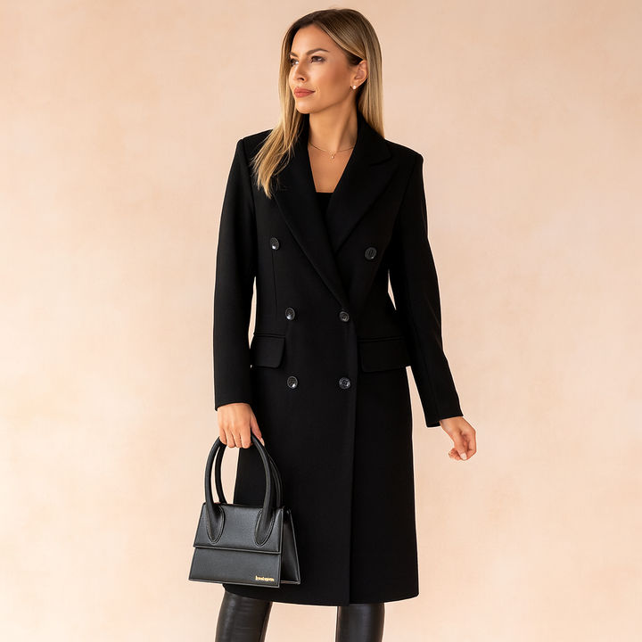 Wyrafinowany elegancki płaszcz zimowy damski, długi i dwurzędowy. Must-have w modzie damskiej.