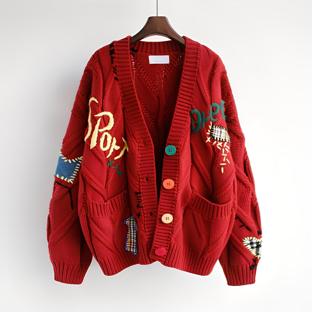 Stylowy damski sweter haftowany z unikatowym patchworkiem. Elegancki kardigan, modny dodatek na jesień i wiosnę.