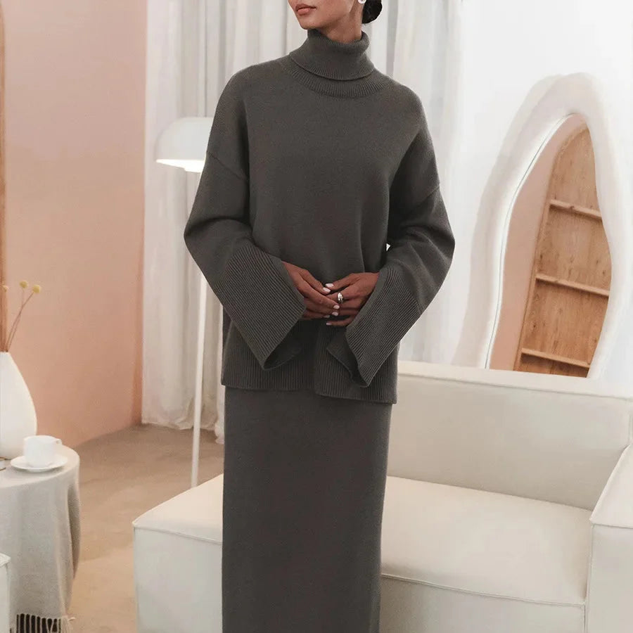 Spódnica midi z dzianinowego kompletu damskiego. Elegancki i wygodny styl na jesień/zimę, idealna do biura.