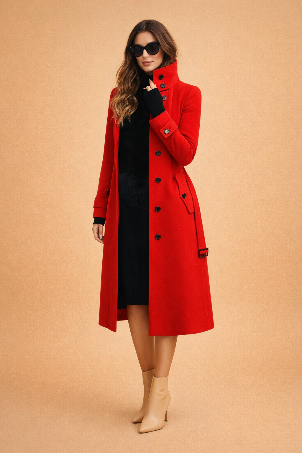 Kobieta w eleganckim dwurzędowym płaszczu z wysoką stójką, moda jesienna.