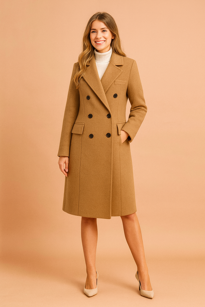 Ciepły damski płaszcz zimowy dwurzędowy khaki. Klasyczny, długi fason, idealny na elegancki styl zimowy.