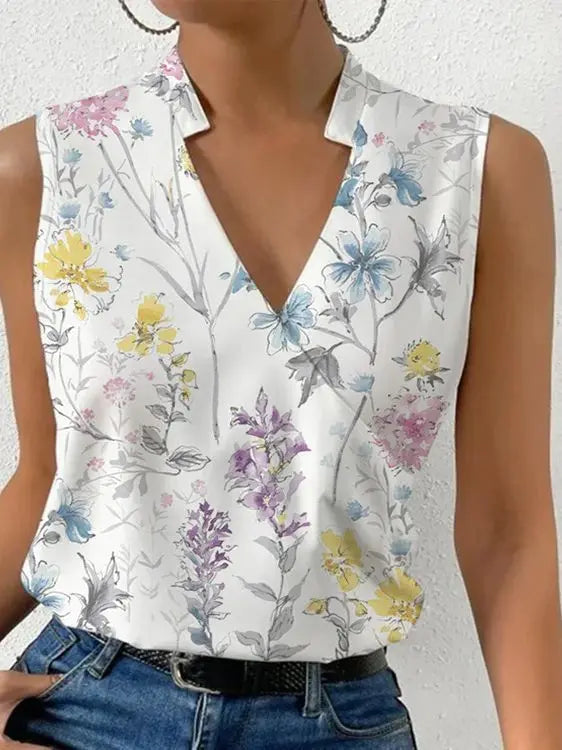 Stylowy casualowy damski top na lato z dekoltem V i kopertowym przodem.