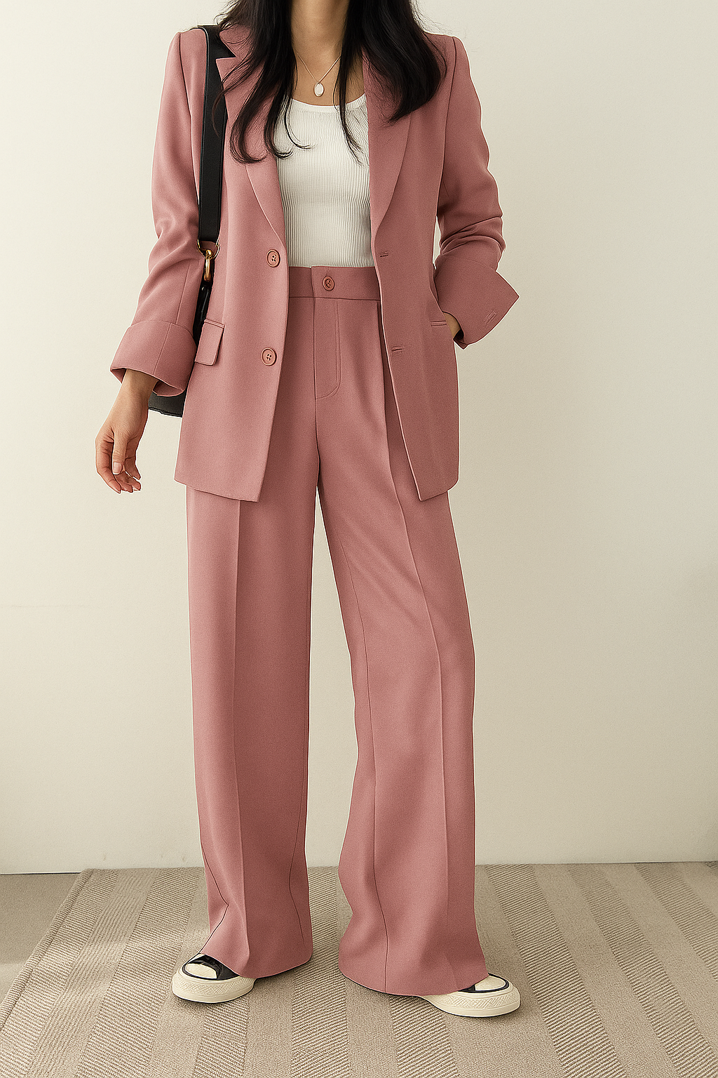 Elegancki damski zestaw biurowy: marynarka i spodnie. Idealny strój do pracy, biznesowy smart casual.