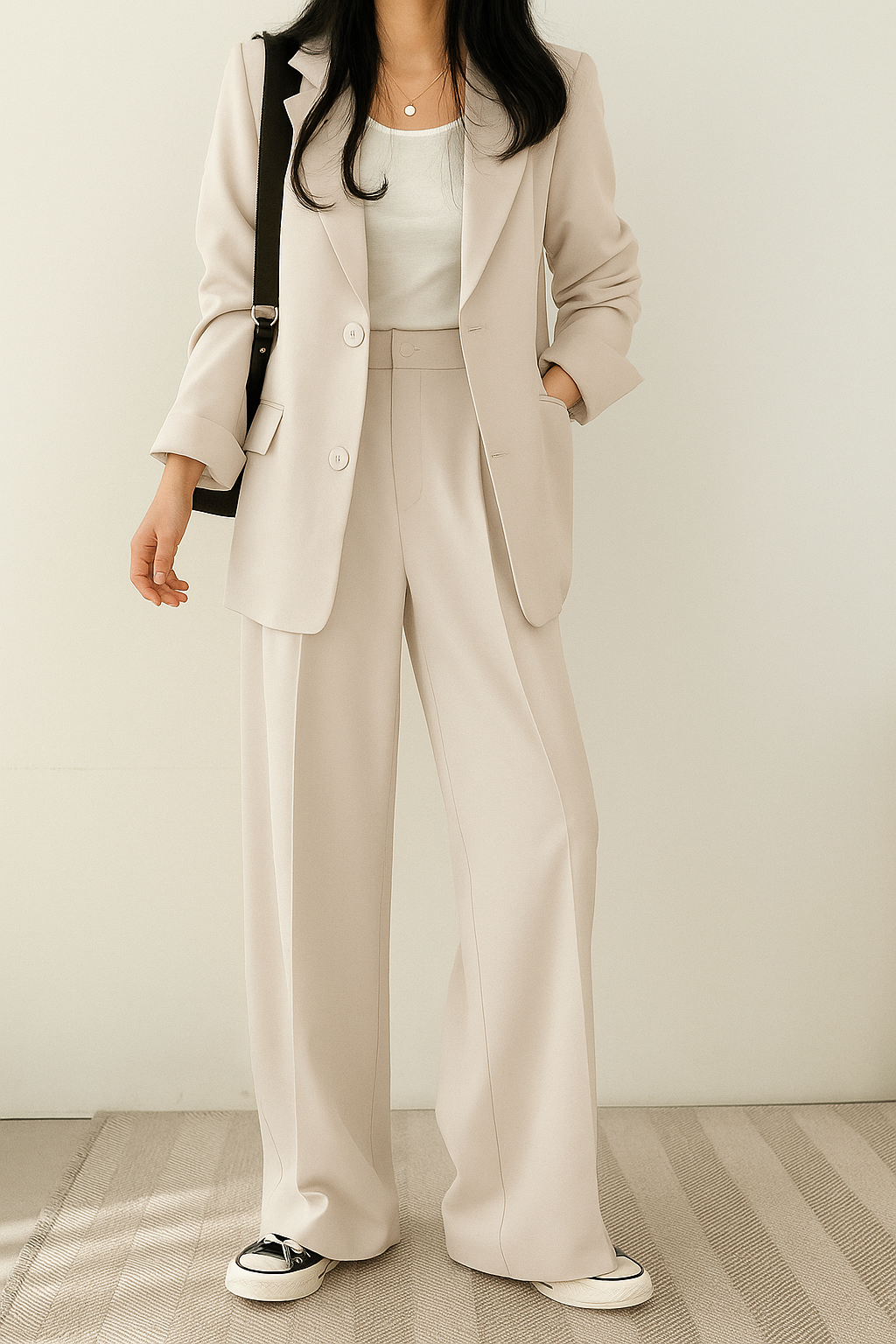 Damski zestaw casual/smart casual: marynarka i spodnie. Wygodne ubrania do pracy i eleganckie stylizacje.