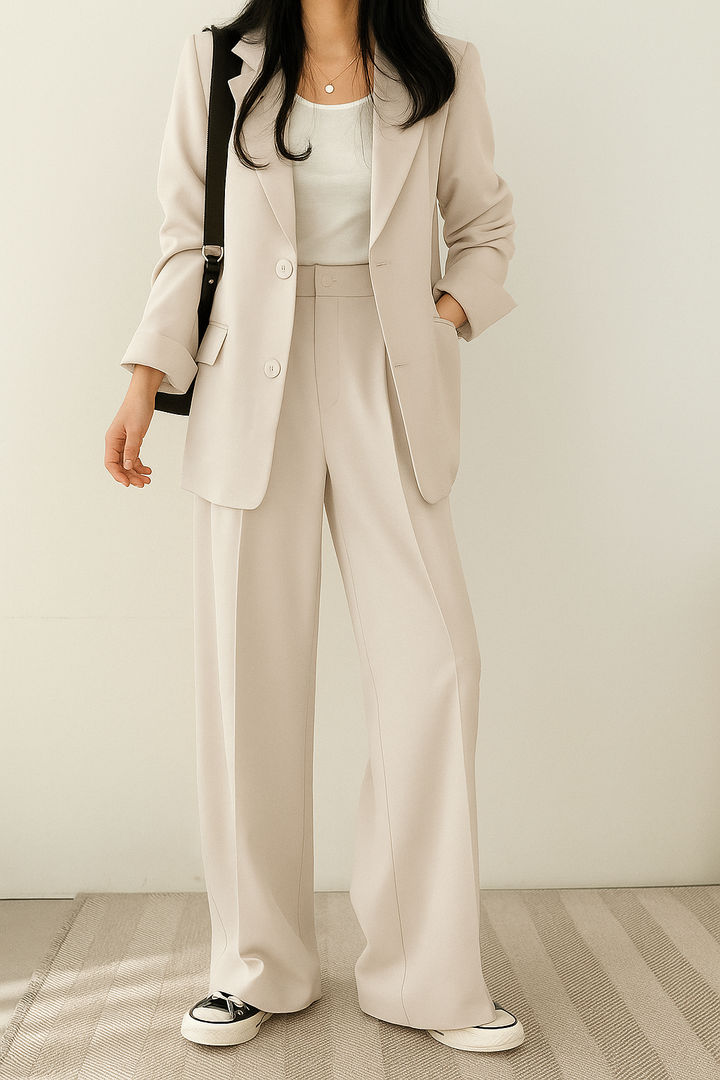 Damski zestaw casual/smart casual: marynarka i spodnie. Wygodne ubrania do pracy i eleganckie stylizacje.