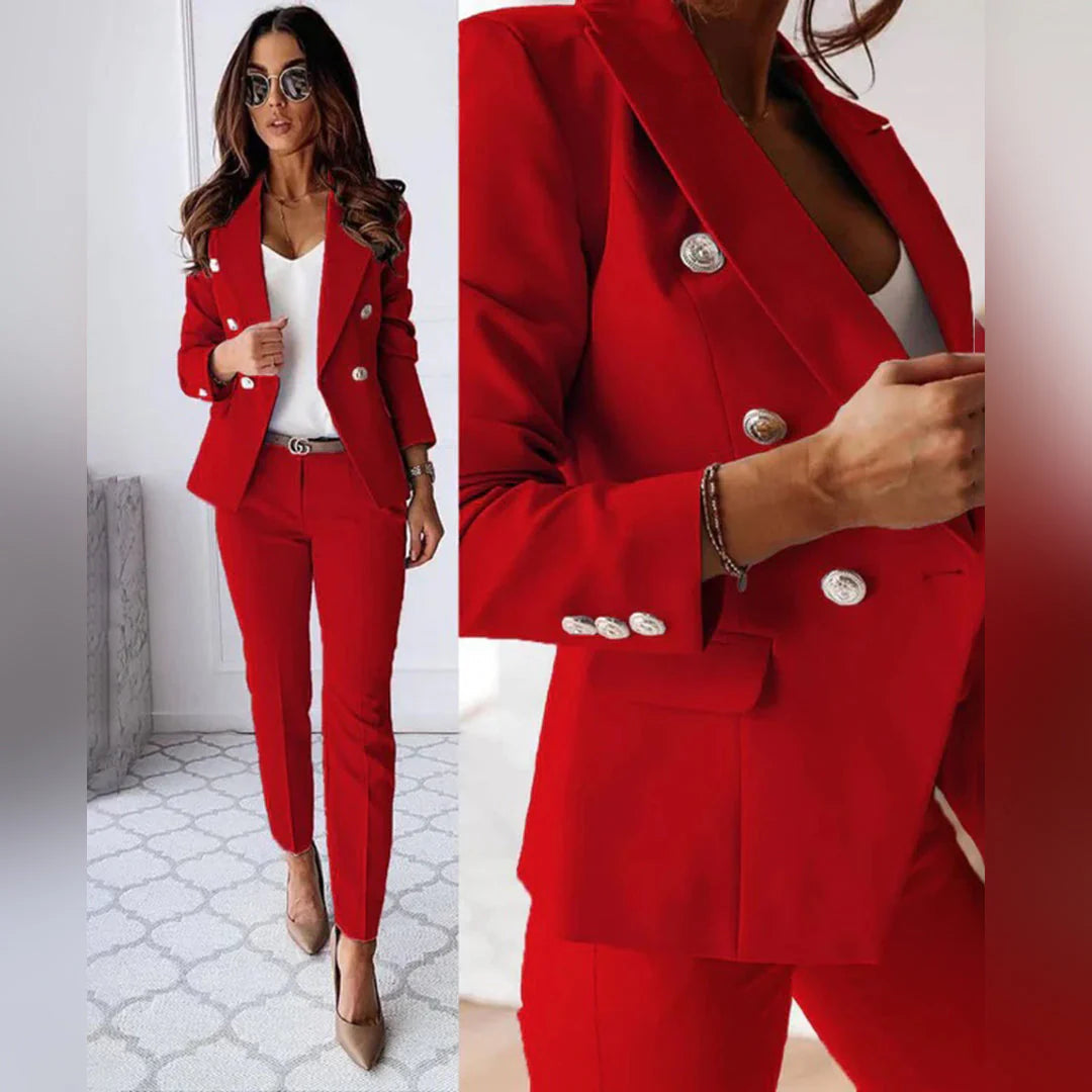 Elegancki dwuczęściowy garnitur damski slimfit, idealny do biura. Stylowy komplet na modę biurową.