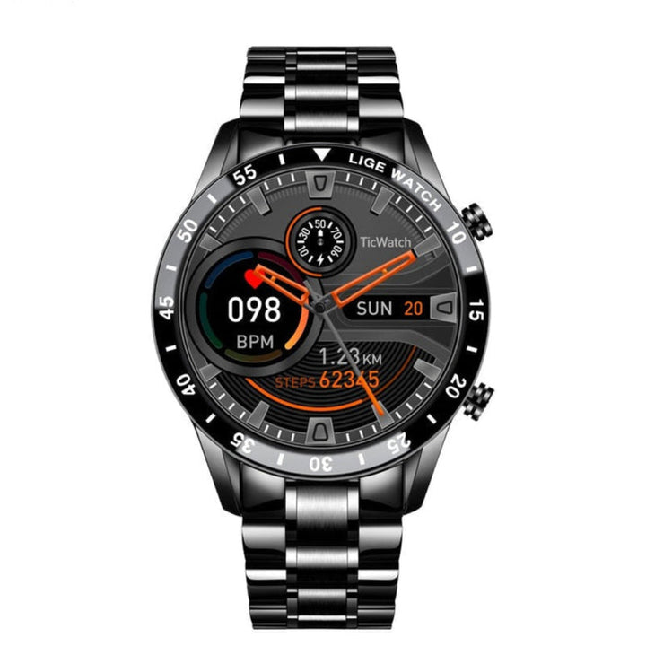 Smartwatch AMOLED 4G z pulsometrem i monitorem aktywności, obudowa z eleganckiej stali nierdzewnej, uniwersalny design.