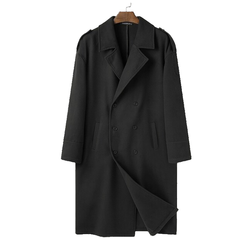 Elegancki, klasyczny długi płaszcz męski zimowy w kolorze czarnym, idealny na chłodne dni. Moda męska.