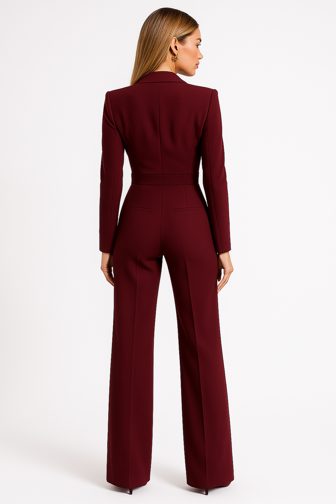 Damski kombinezon wieczorowy Aleksandra z dekoltem V i szerokimi nogawkami.