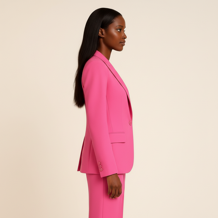 Komplet damski wielokolorowy. Marynarka i spodnie w klasycznym stylu, modna odzież.