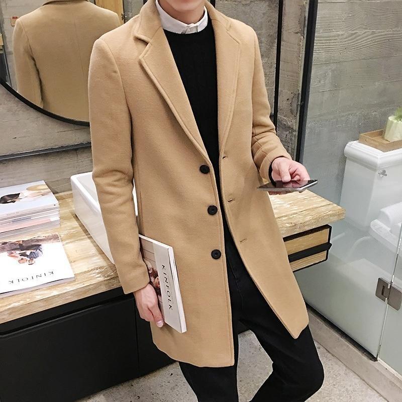 Elegancki męski długi płaszcz slim fit, idealny na zimę i jesień. Klasyczny i modny krój dla mężczyzn.