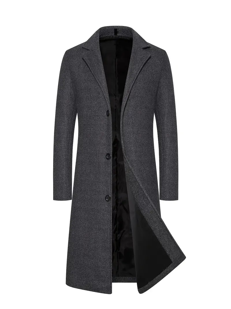 Męski klasyczny długi płaszcz trencz. Idealny do formalnych i casualowych stylizacji biznesowych. Moda męska.