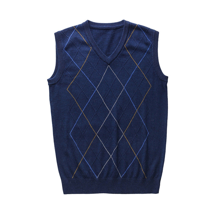 Elegancki męski sweter bez rękawów w kratę z dekoltem V. Klasyczna kamizelka idealna do eleganckich stylizacji.