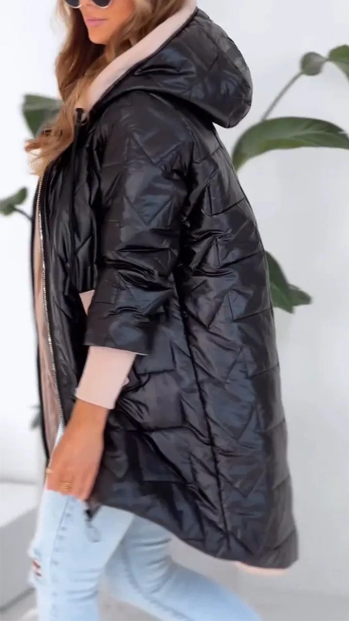 Zimowy płaszcz damski z kapturem, elegancki, ciepły i modny, na chłodne miesiące i trendy.