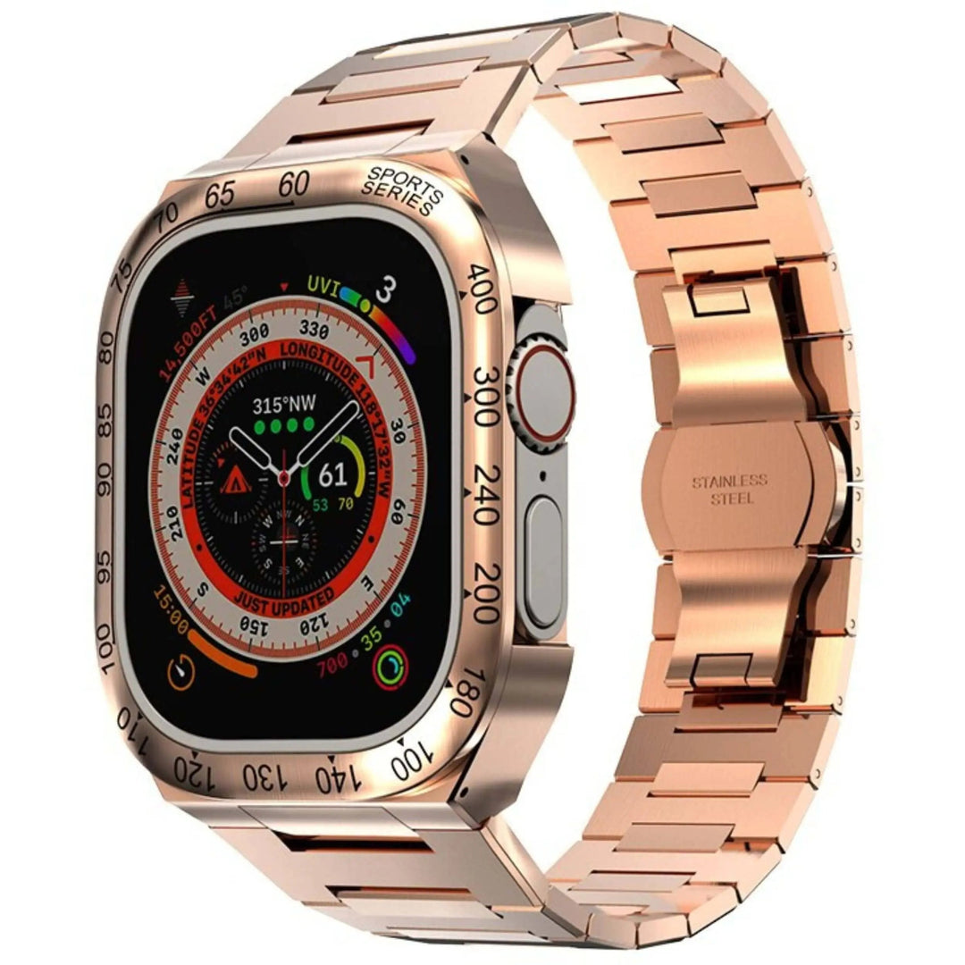 Metalowy pokrowiec na Apple Watch, zapewniający solidną ochronę i elegancki wygląd.