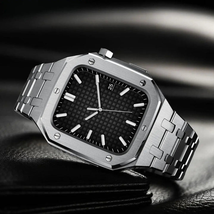Stylowe etui metalowe Apple Watch, zapewnia ochronę i elegancki wygląd smartwatcha.