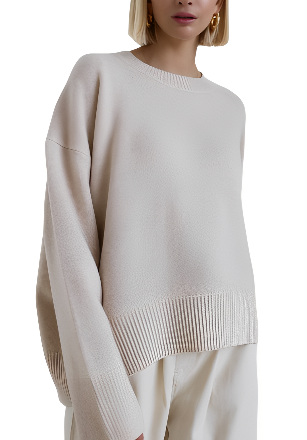 Ciepły, dzianinowy sweter damski oversize. Komfortowy na zimowe chłody. Modny krój i styl casual.