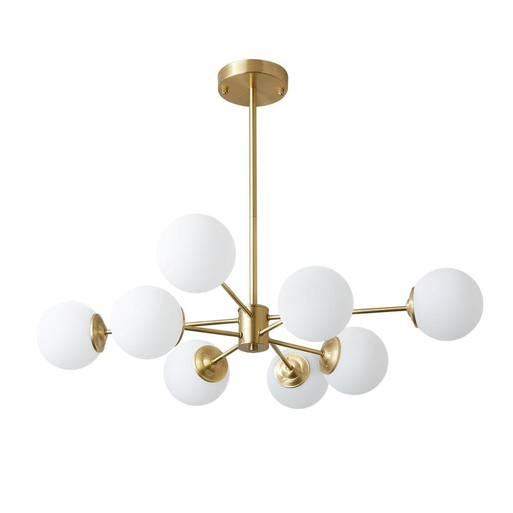 Designerska lampa wisząca Sputnik. Żyrandol z opalowymi kloszami i mosiężnym wykończeniem.